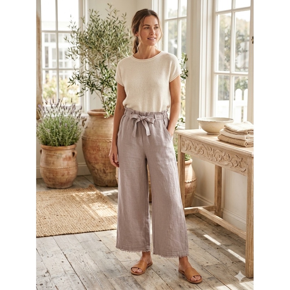 Cloth & Stone Linen Paperbag Wide Leg Pants Taupe Small